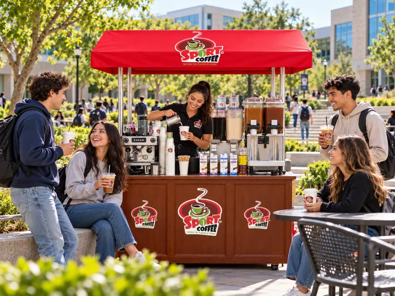 Estudiantes disfrutando bebidas de la barra Sport Coffee en un campus